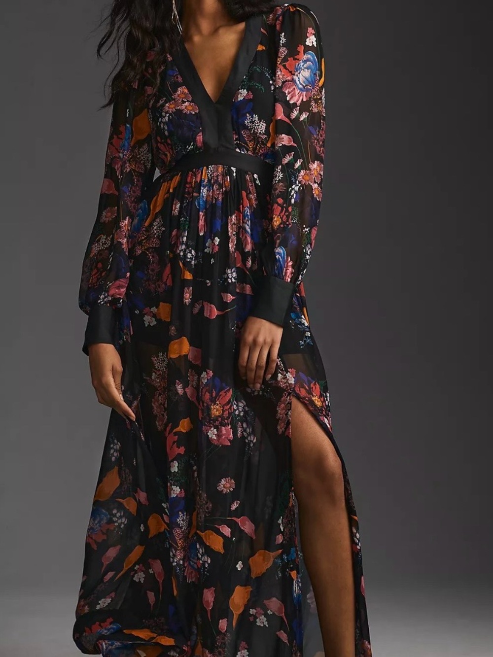 Anthropologie Maeve Black Floral V-back Long Sleeve Maxi Dress with Slit
